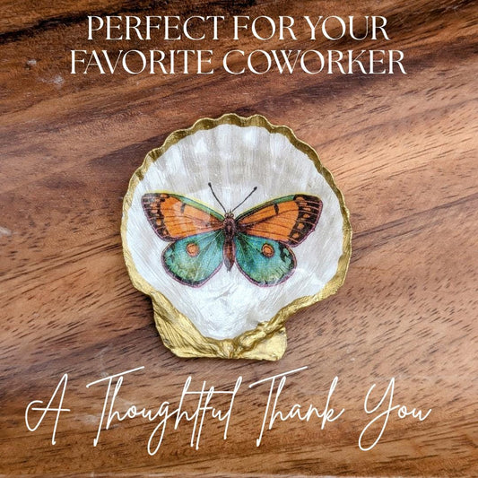 Butterfly seashell trinket dish coworker gift handmade coastal desk decor thank you favor botanical jewelry tray