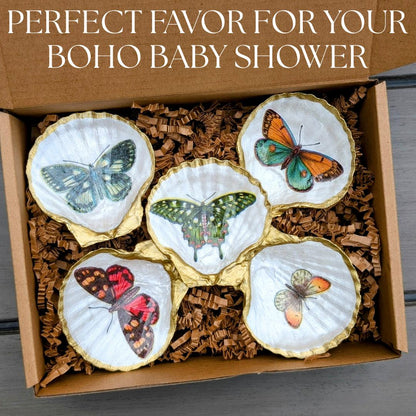Butterfly trinket dish for girl baby shower thank you gift floral shell favor for guests fairy boho keepsake tray cottagecore nature inspired decor baby girl party accessory botanical guest gift handmade whimsical shower memento butterfly jewelry holder baby shower table setting favor idea pressed flower aesthetic shell tray unique guest appreciation gift for fairycore baby showers