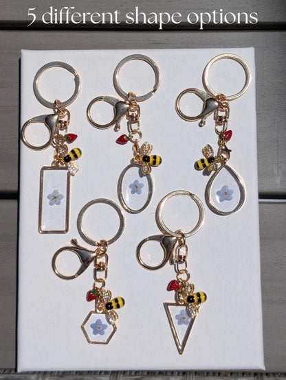 Summer aesthetic keychain with gold triangle floral charm red strawberry and bee accessory nature gift for her