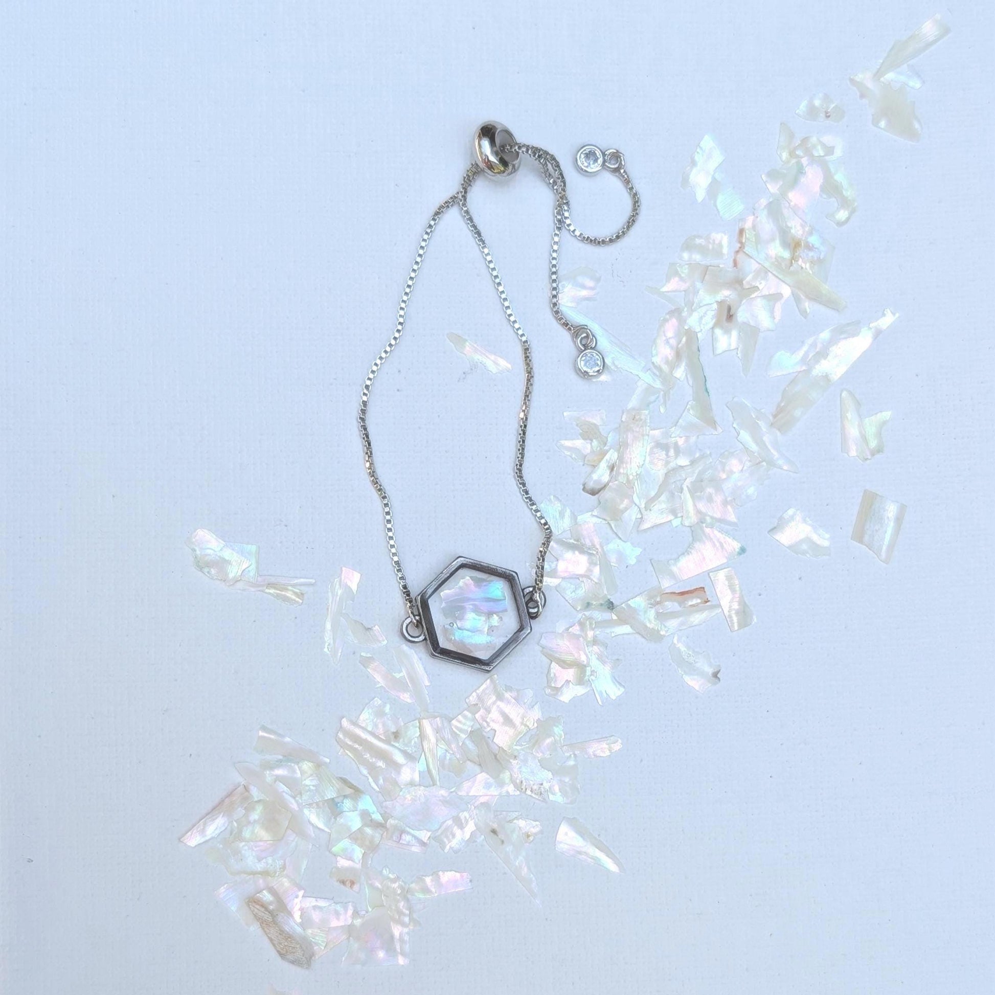 White Shell Bracelet Adjustable Hexagon Silver Chain Crystalcore Jewelry Minimalist Gift for Her Clean Aesthetic Iridescent Charm