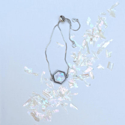 White Shell Bracelet Adjustable Hexagon Silver Chain Crystalcore Jewelry Minimalist Gift for Her Clean Aesthetic Iridescent Charm