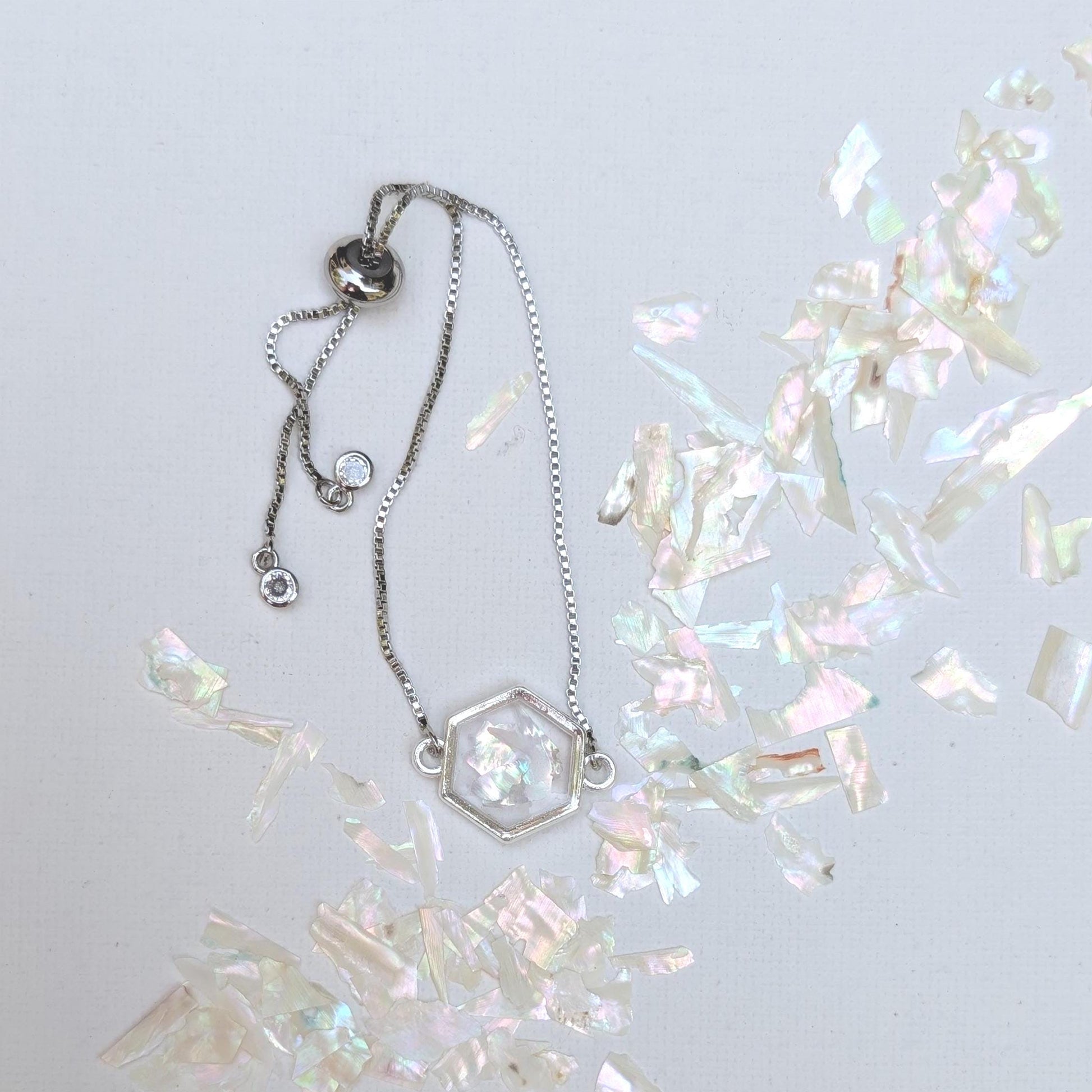 White Shell Bracelet Adjustable Hexagon Silver Chain Crystalcore Jewelry Minimalist Gift for Her Clean Aesthetic Iridescent Charm