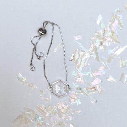 White Shell Bracelet Adjustable Hexagon Silver Chain Crystalcore Jewelry Minimalist Gift for Her Clean Aesthetic Iridescent Charm
