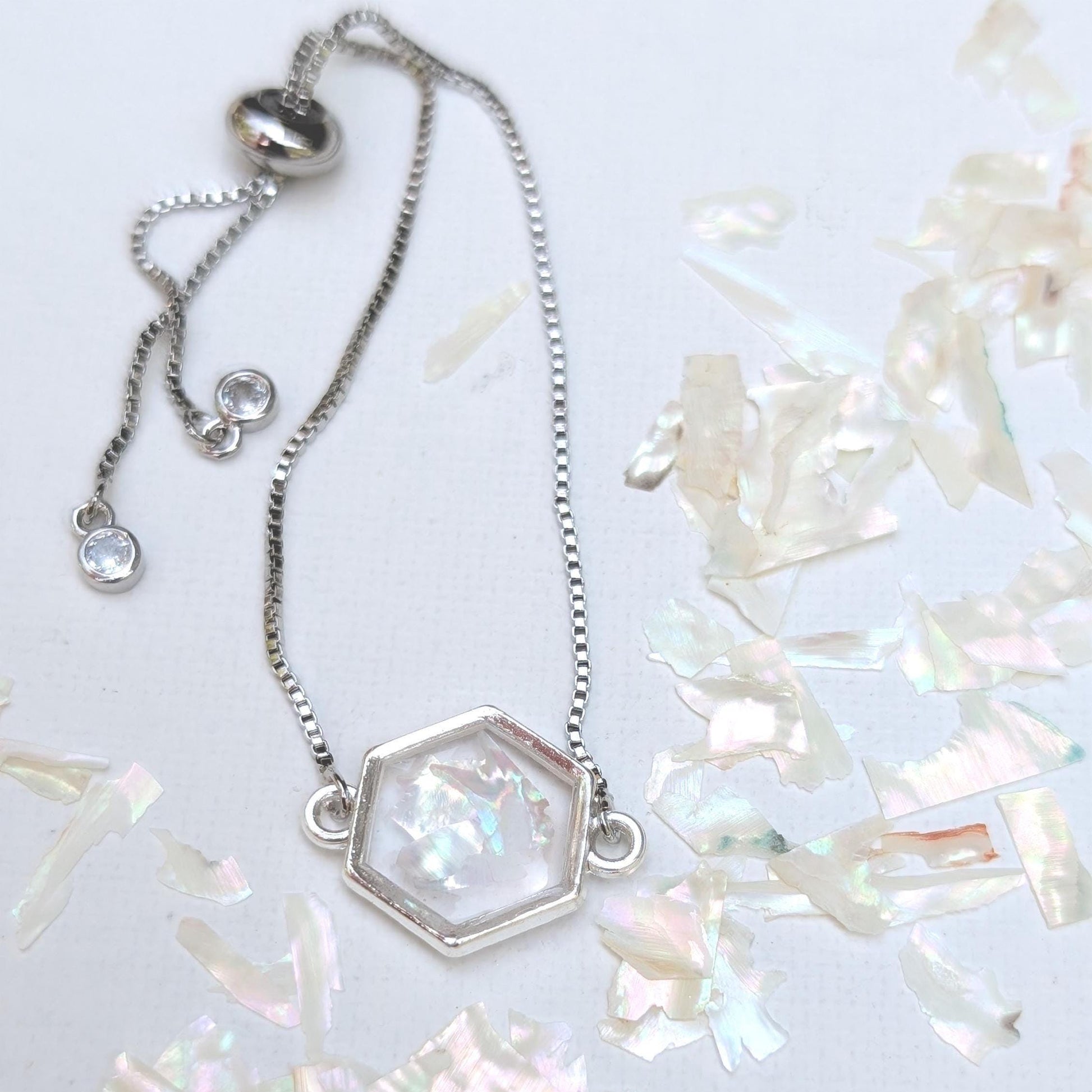 White Shell Bracelet Adjustable Hexagon Silver Chain Crystalcore Jewelry Minimalist Gift for Her Clean Aesthetic Iridescent Charm
