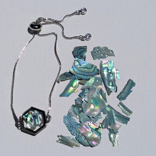 Resort style jewelry with shimmer shell and rose gold slider