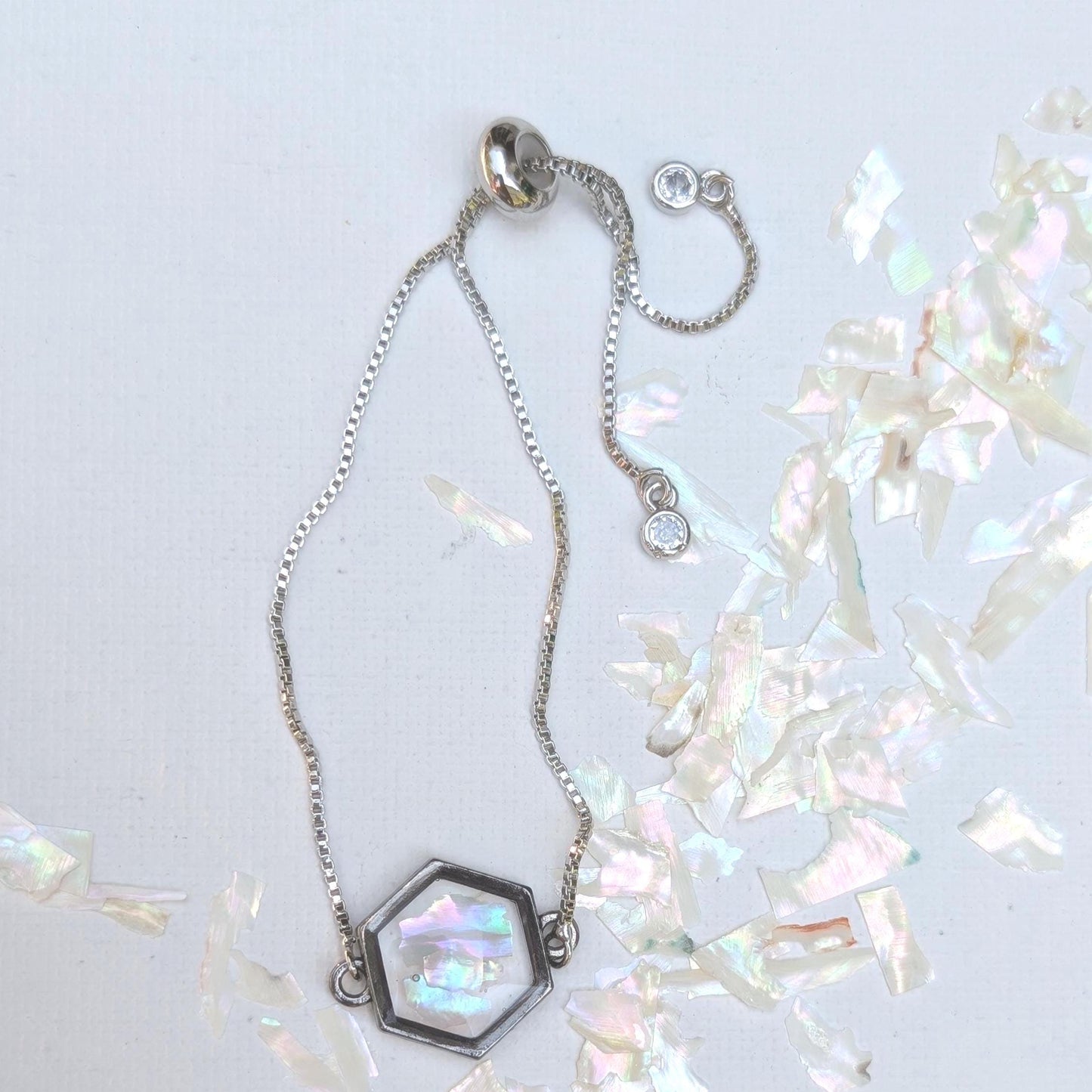 White Shell Bracelet Adjustable Hexagon Silver Chain Crystalcore Jewelry Minimalist Gift for Her Clean Aesthetic Iridescent Charm