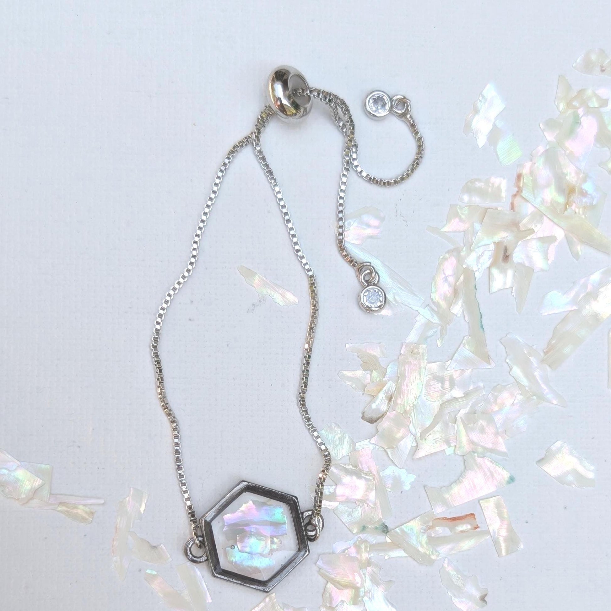 White Shell Bracelet Adjustable Hexagon Silver Chain Crystalcore Jewelry Minimalist Gift for Her Clean Aesthetic Iridescent Charm