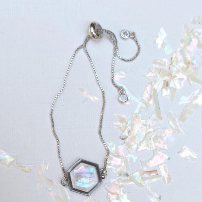 White Shell Bracelet Adjustable Hexagon Silver Chain Crystalcore Jewelry Minimalist Gift for Her Clean Aesthetic Iridescent Charm