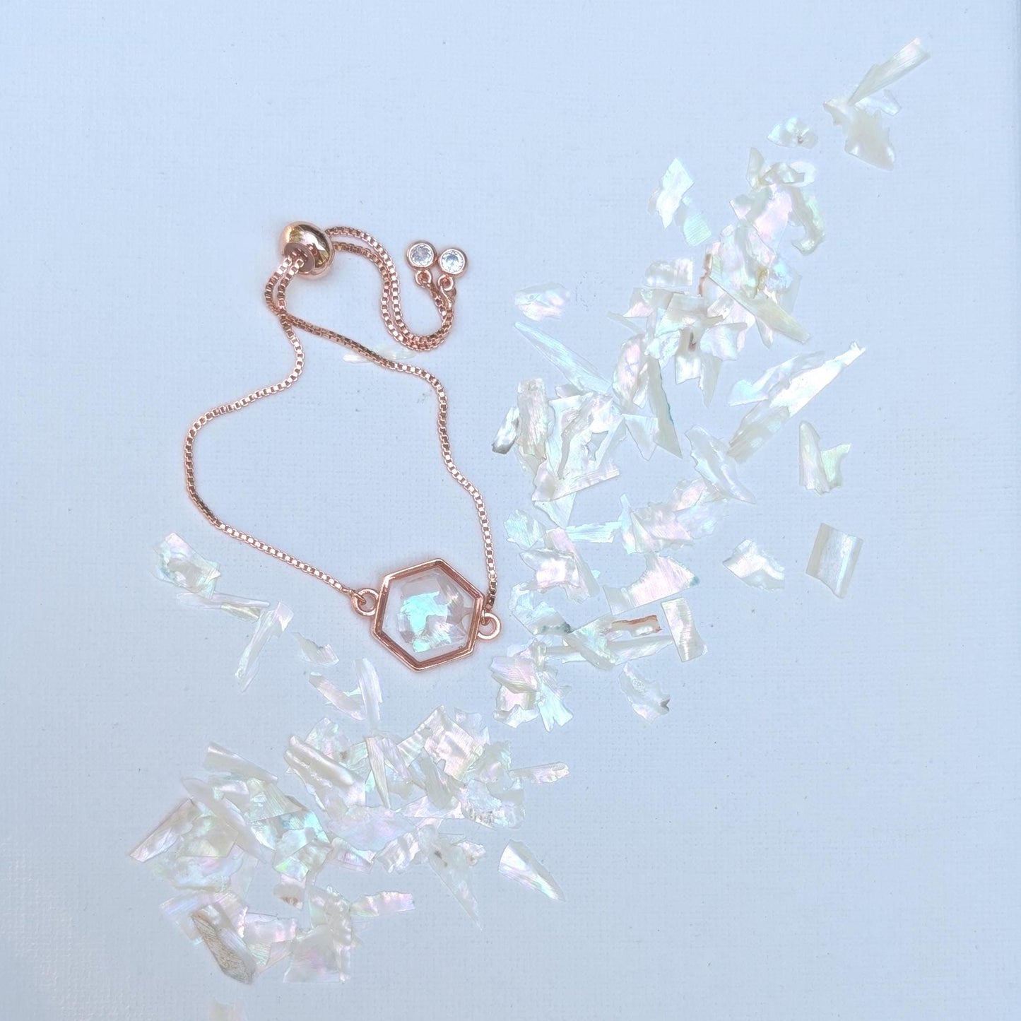 White Shell Bracelet Adjustable Hexagon Silver Chain Crystalcore Jewelry Minimalist Gift for Her Clean Aesthetic Iridescent Charm