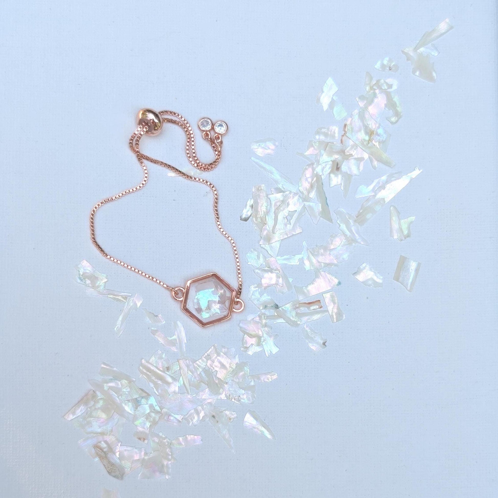 White Shell Bracelet Adjustable Hexagon Silver Chain Crystalcore Jewelry Minimalist Gift for Her Clean Aesthetic Iridescent Charm