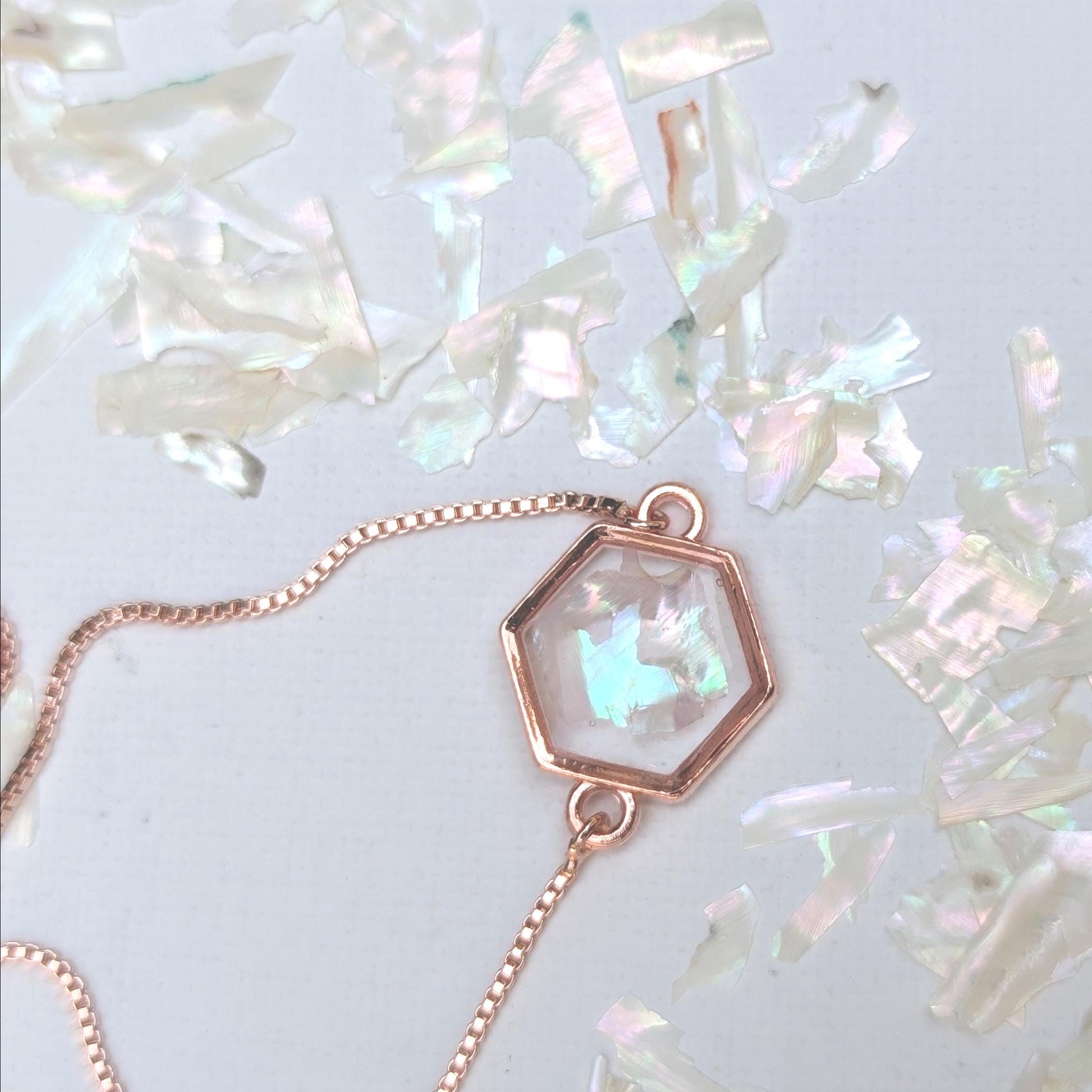 White Shell Bracelet Adjustable Hexagon Silver Chain Crystalcore Jewelry Minimalist Gift for Her Clean Aesthetic Iridescent Charm