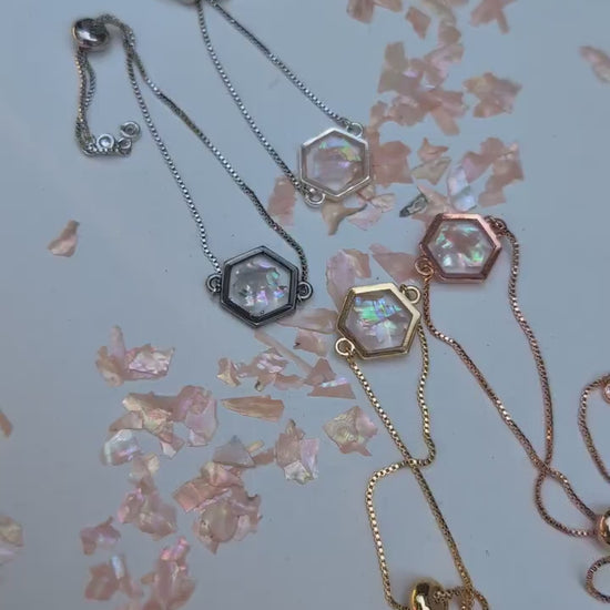 Y2K Pink Abalone Shell Bracelet Adjustable Hexagon Charm Gold Silver Rose Gold Gunmetal Pastel Jewelry 2000s Aesthetic Gift for Her Birthday