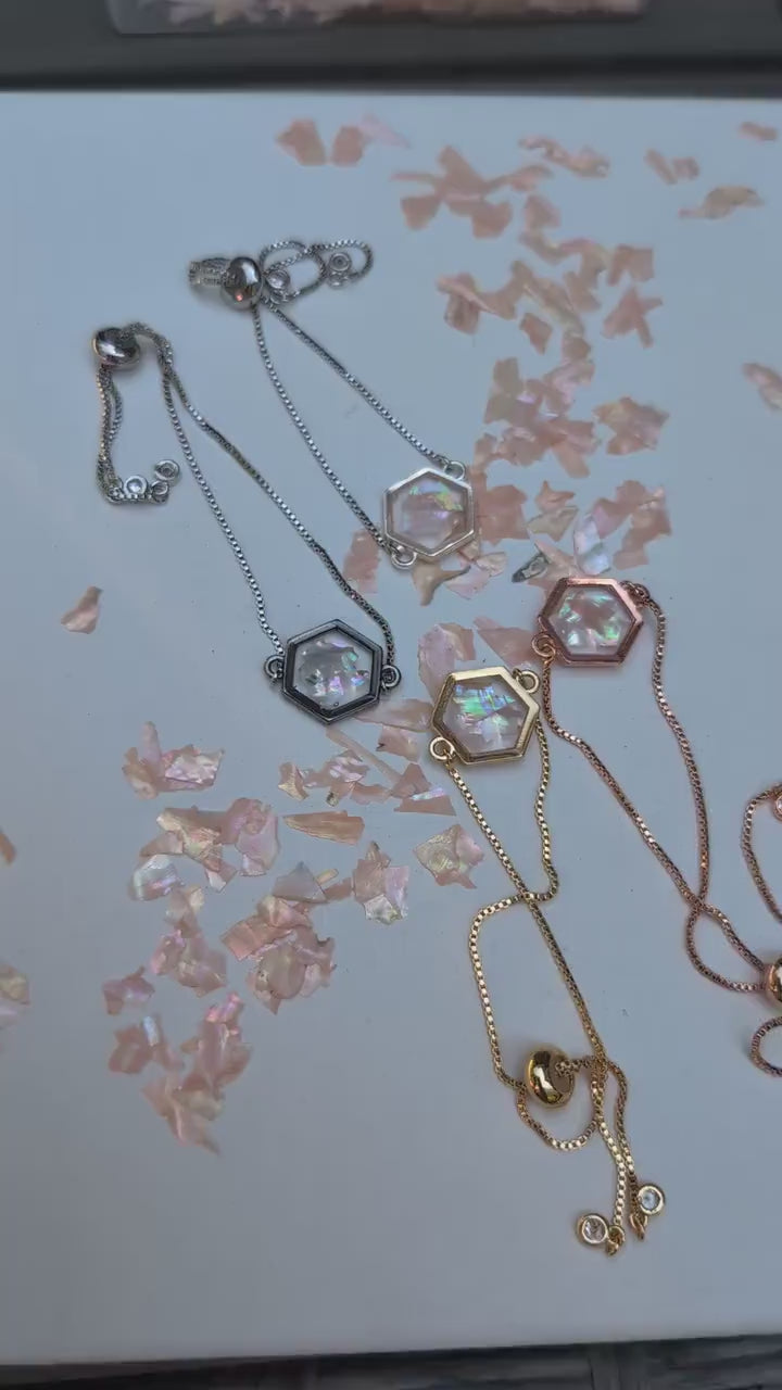 Y2K Pink Abalone Shell Bracelet Adjustable Hexagon Charm Gold Silver Rose Gold Gunmetal Pastel Jewelry 2000s Aesthetic Gift for Her Birthday