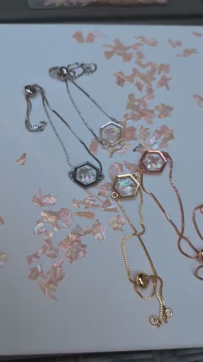 Y2K Pink Abalone Shell Bracelet Adjustable Hexagon Charm Gold Silver Rose Gold Gunmetal Pastel Jewelry 2000s Aesthetic Gift for Her Birthday
