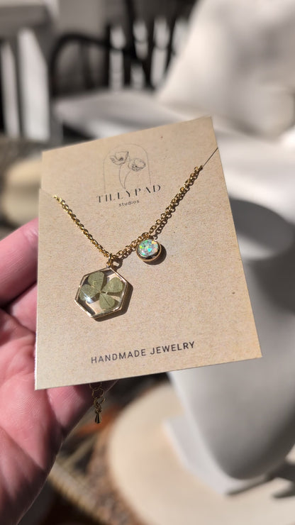 Real Four Leaf Clover Hexagon Pendant with Lab Grown Opal Charm