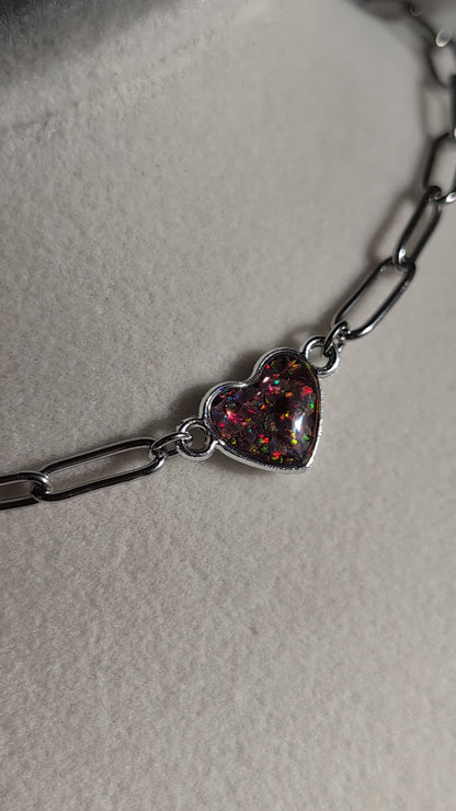 Silver Puffy Heart Chain Necklace - Strawberry Pink Lab Grown Opal
