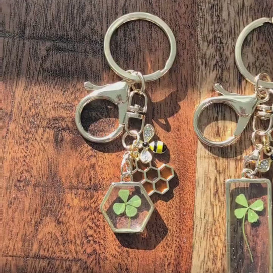 Bride to Bee Wedding shower Lovers Garden Gift Irish Luck Lucky Charm Four Leaf Clover Keychain Gold Honeycomb Bee Gift Handmade Special Set