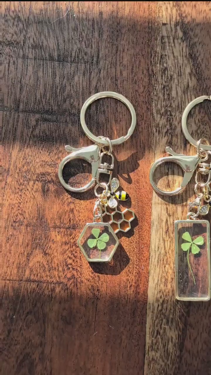 Bride to Bee Wedding shower Lovers Garden Gift Irish Luck Lucky Charm Four Leaf Clover Keychain Gold Honeycomb Bee Gift Handmade Special Set