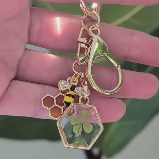 Gold Bee Keychain Handmade Gold Honeycomb Bee Gift Lucky Charm with Four Leaf Clover Garden & Irish Luck Set