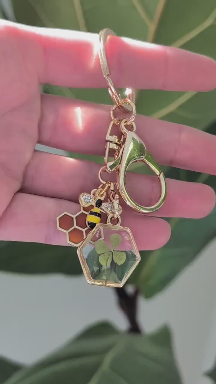 Gold Bee Keychain Handmade Gold Honeycomb Bee Gift Lucky Charm with Four Leaf Clover Garden & Irish Luck Set