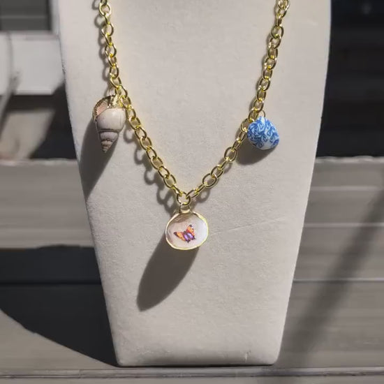 Nautical Summer Chain Seashell Necklace Gold Accent Coastal Jewelry Beach Gift Wedding Present Tropical Charm Seaside Shell Ocean Necklace