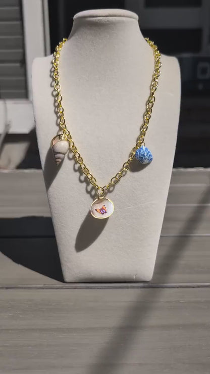 Nautical Summer Chain Seashell Necklace Gold Accent Coastal Jewelry Beach Gift Wedding Present Tropical Charm Seaside Shell Ocean Necklace