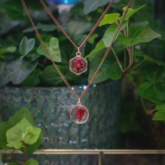 Red Rose Necklace Real Dried Flowers Resin Nature Jewelry Rose Gold Pendant Gift for Her Anniversary Birthday Galentines Day Valentines Gift