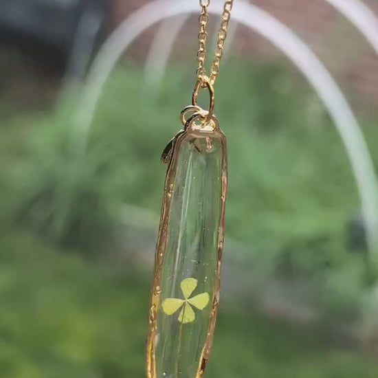 Lucky Charm Jewelry Nature Inspired Pendant Handmade Glass Irish Heritage Gift Birthday Gift for Her Gold Necklace Four Leaf Clover Talisman