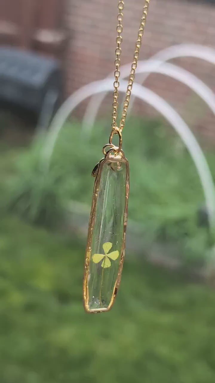 Lucky Charm Jewelry Nature Inspired Pendant Handmade Glass Irish Heritage Gift Birthday Gift for Her Gold Necklace Four Leaf Clover Talisman
